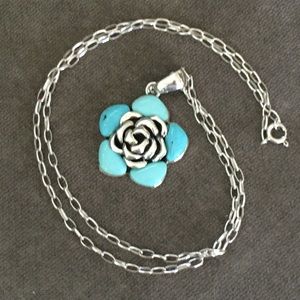 Turquoise Flower Sterling Silver Necklace 28”